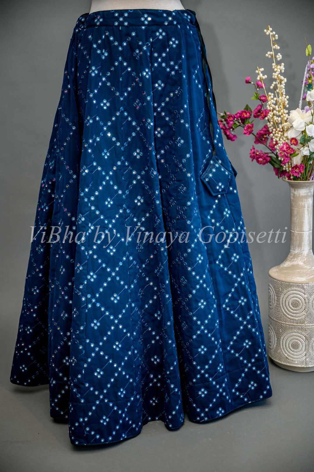 Dark Teal Blue Mirror Embroidered Lehenga Set Teamed With Contrast Floral Organza Dupatta