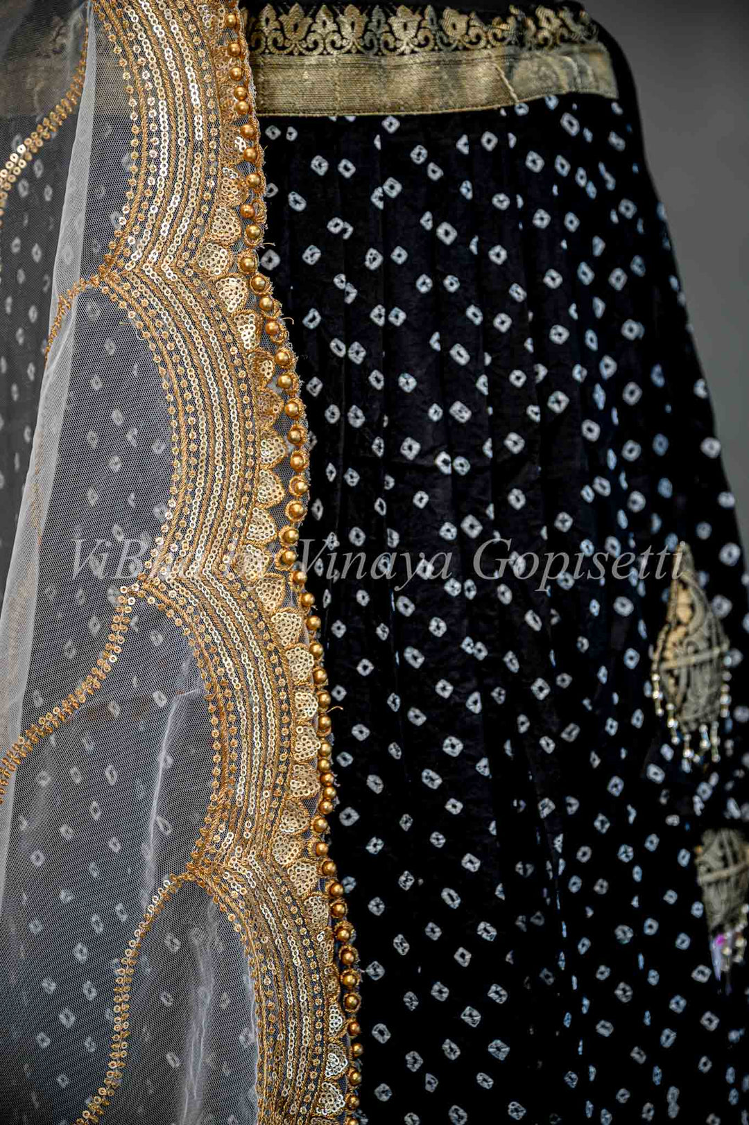 Black and Ivory Kanchi Bandhani Silk Lehenga And White Embroidered Dupatta