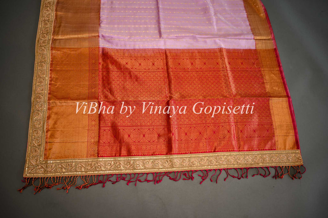 Onion Pink And Red Kanchi Soft Silk Saree And Blouse With Embroidered Borders