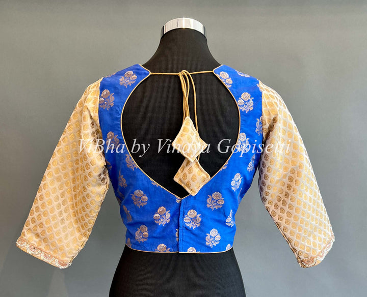 Blue And Ivory Benares Silk Blouse With Embroidered Hemline