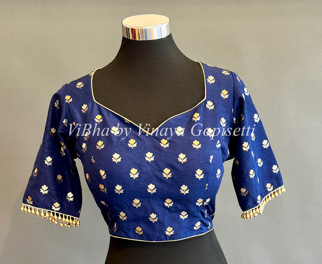 Blue Benares Silk With Beaded Sleeve Hemlines