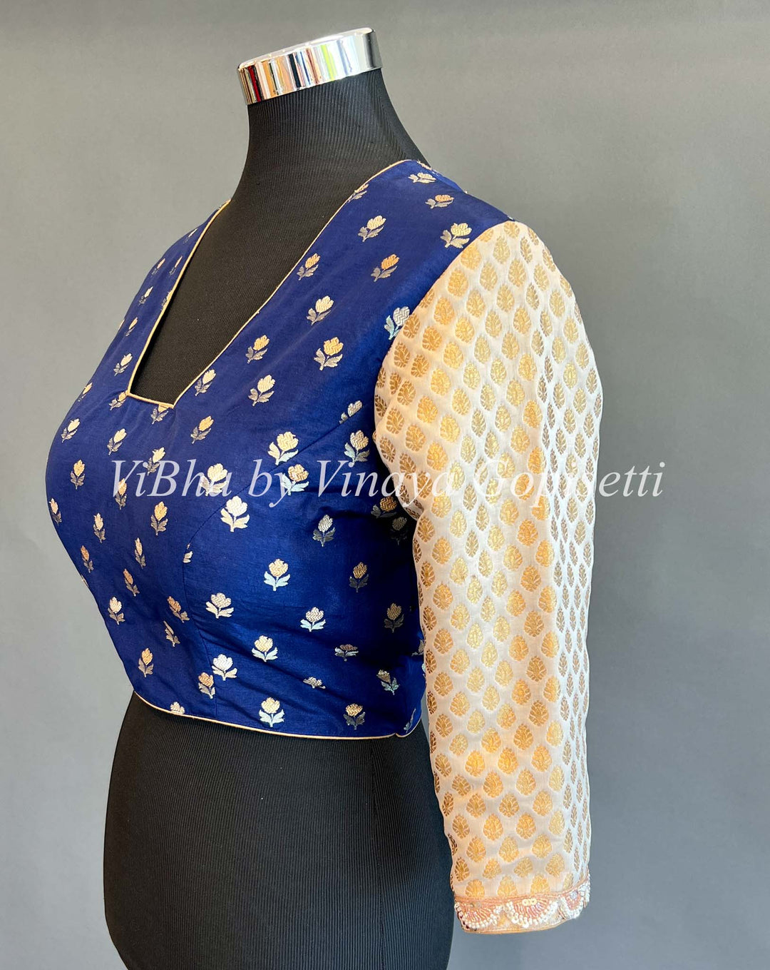Ink Blue And Ivory Benares Silk Blouse With Embroidered Hemlines