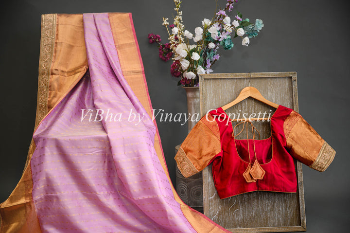 Onion Pink And Red Kanchi Soft Silk Saree And Blouse With Embroidered Borders
