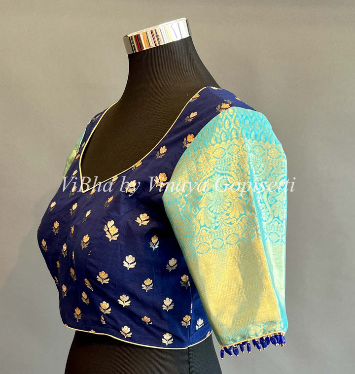 Blue Benares Silk Body And Kanchi Silk Sleeves Blouse