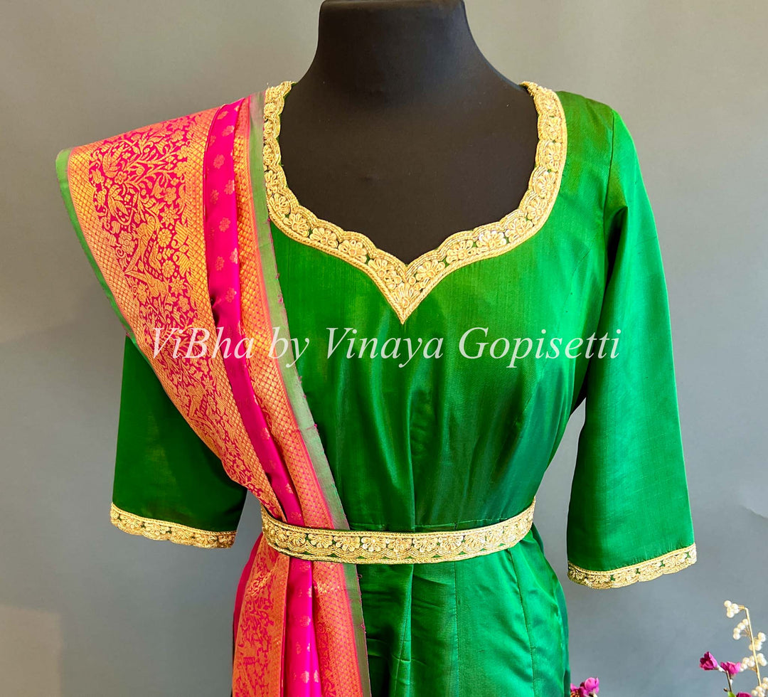 Emerald Green Kanchi Soft Silk Floor Length Gown With Pink Kanchi Dupatta