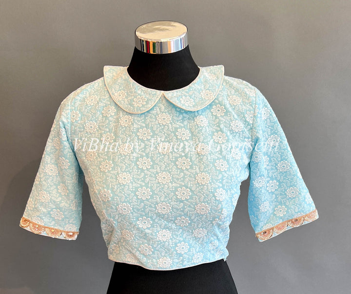 Light Sky Blue Peter Pan Collared Blouse With Embroidered Hemlines