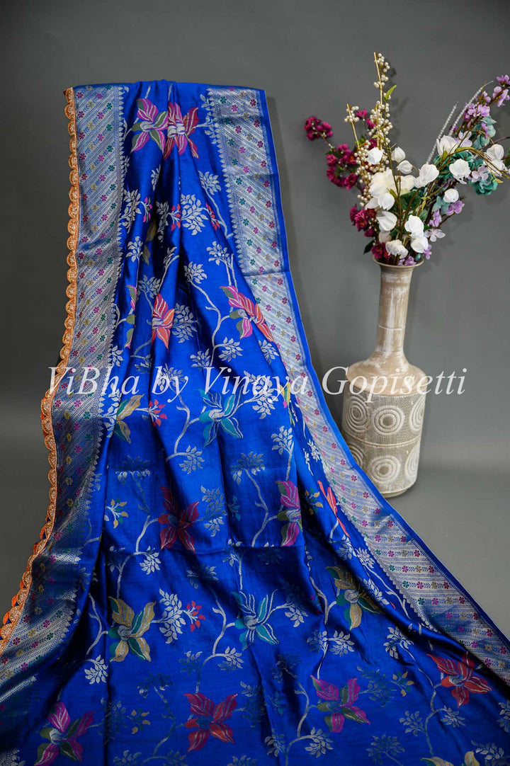 Blue Benares Kora Saree And Blouse With Embroidered Borders
