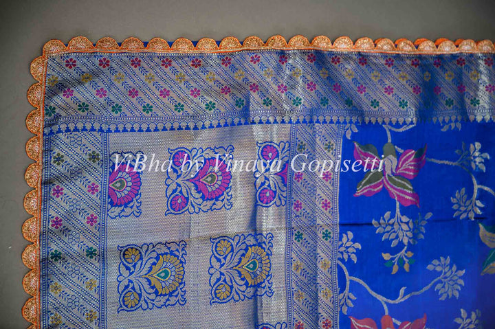 Blue Banarasi Kora Saree And Blouse With Embroidered Borders