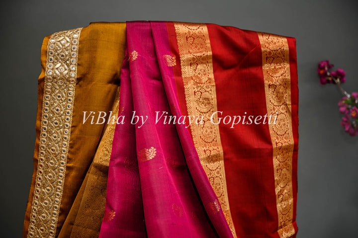 Maroon And Mustard Kanchi Soft Silk Saree And Blouse With Embroidered Borders