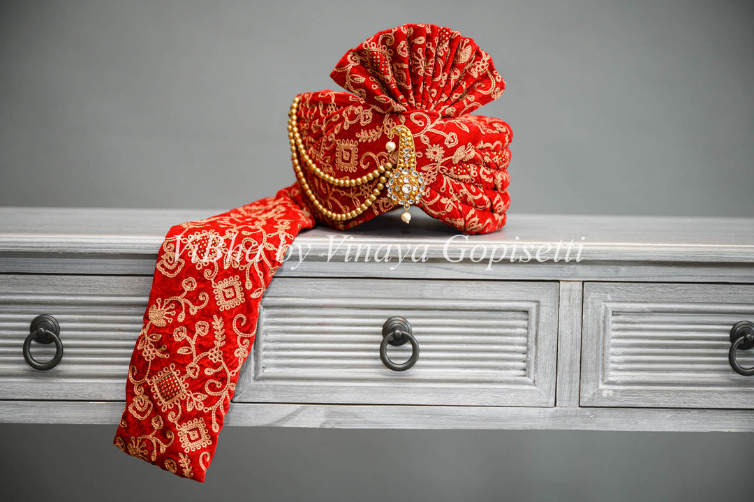 Red Embroidered Safa and Dupatta