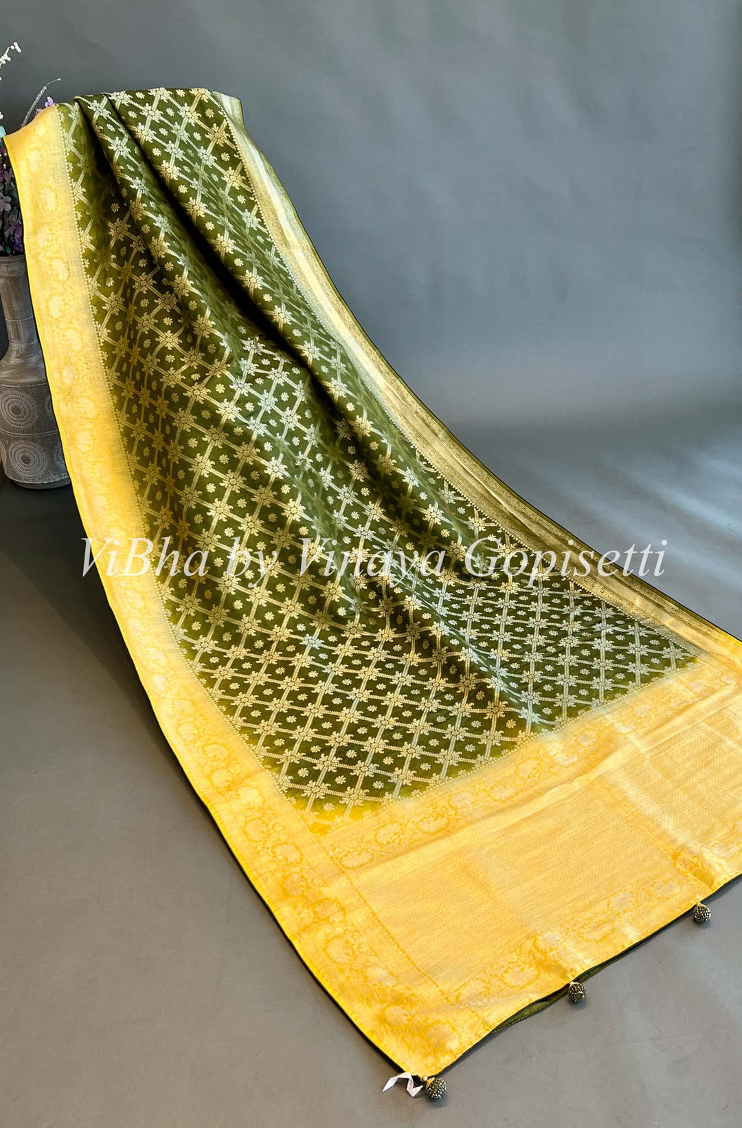 Mehendi Green and Yellow Benarasi Dola Silk Saree and Blouse