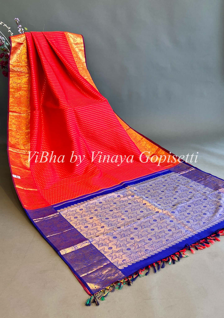 Red And Royal Blue Kanchi silk saree and blouse.