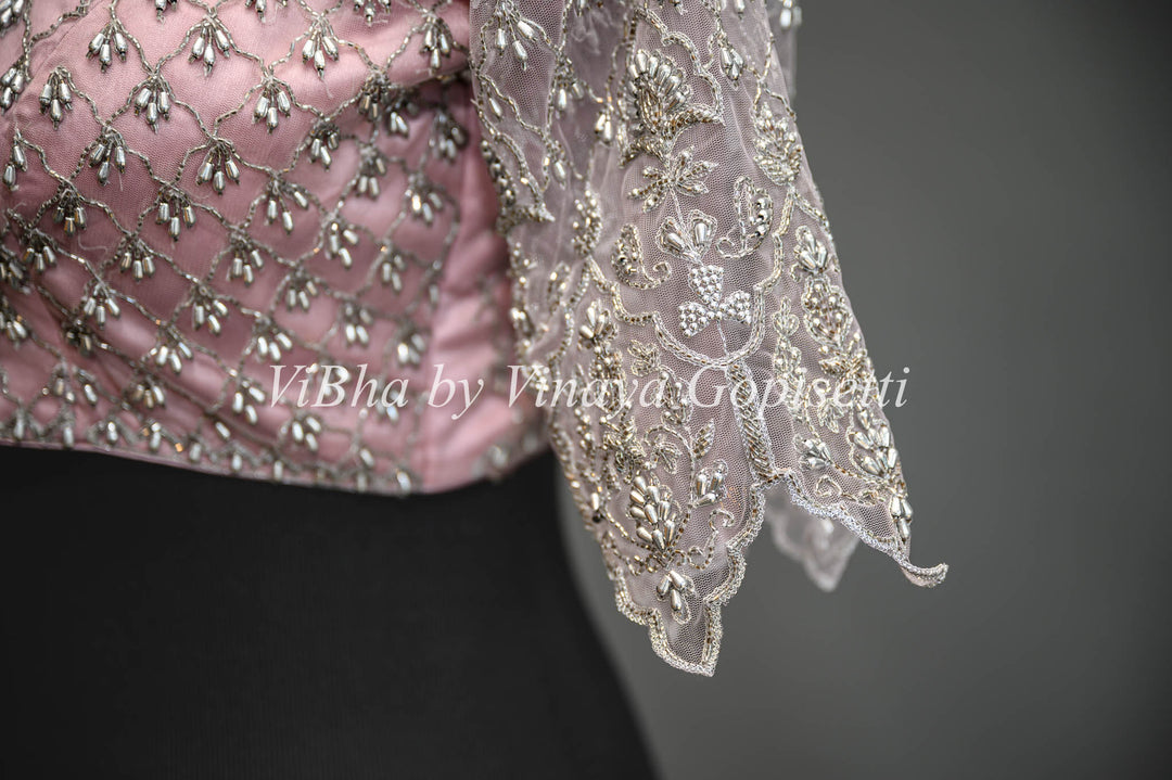 Pastel Pink Net Blouse With Silver Zari And Crystal Embroidery