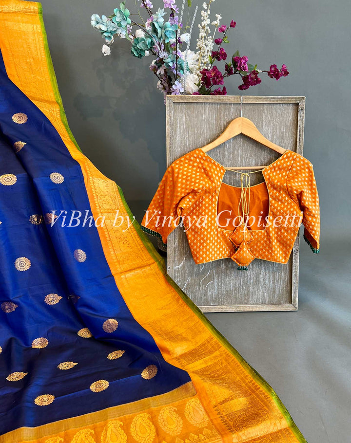 Royal Blue and Orange Gadwal Silk Saree And Blouse