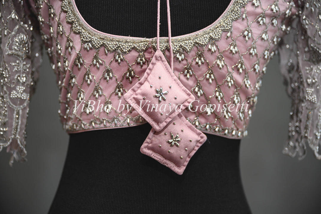 Pastel Pink Net Blouse With Silver Zari And Crystal Embroidery