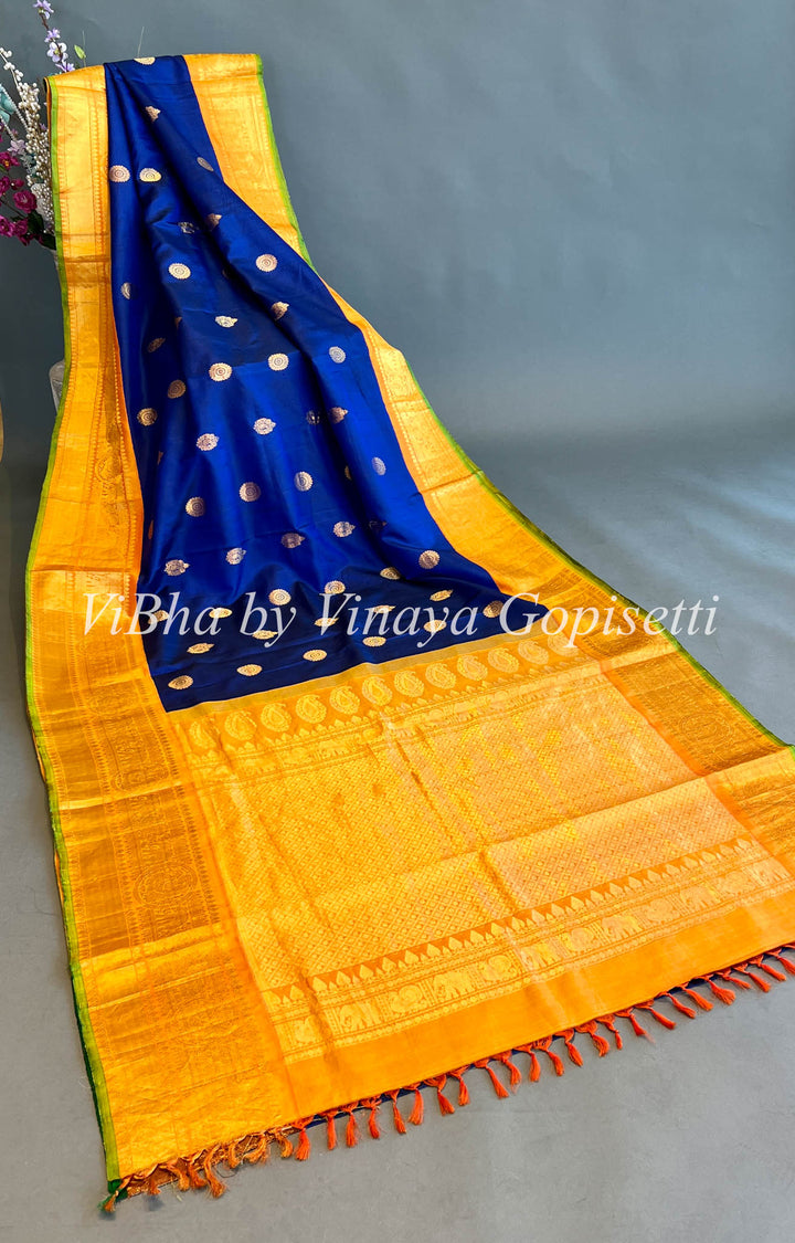 Royal Blue and Orange Gadwal Silk Saree And Blouse