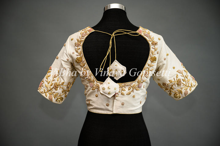 Ivory Raw Silk Blouse With Zardosi Embroidery