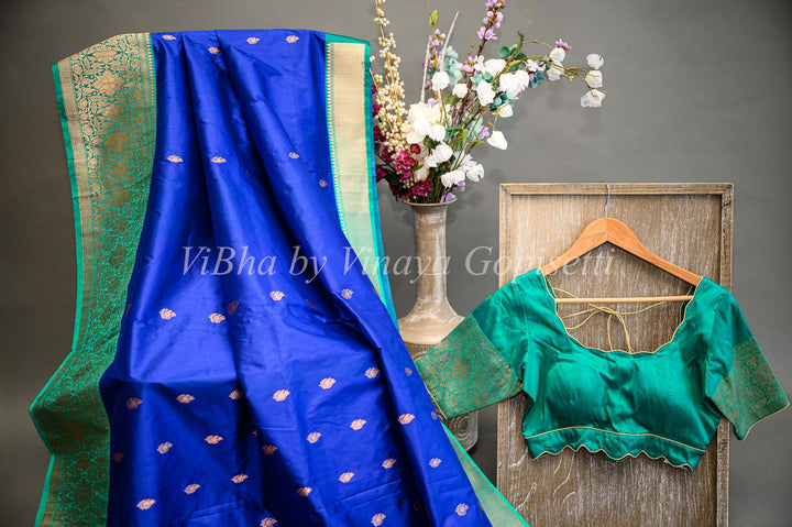 Royal Blue and Carribean Green Benares Katan Silk Saree And Blouse