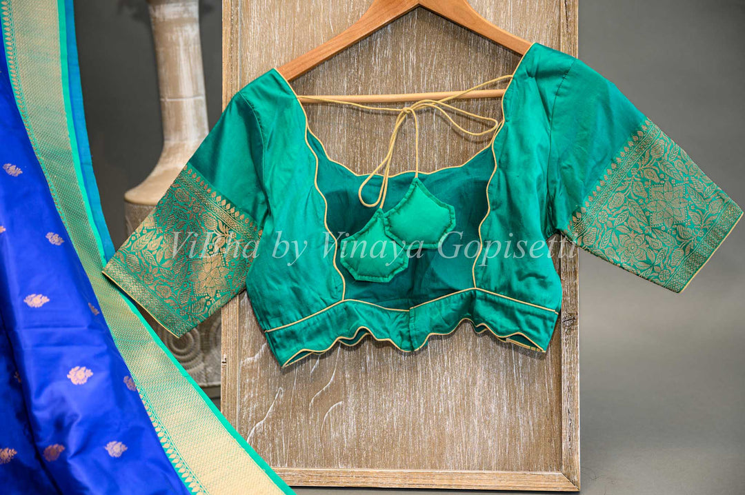 Royal Blue and Carribean Green Banarasi Katan Silk Saree And Blouse