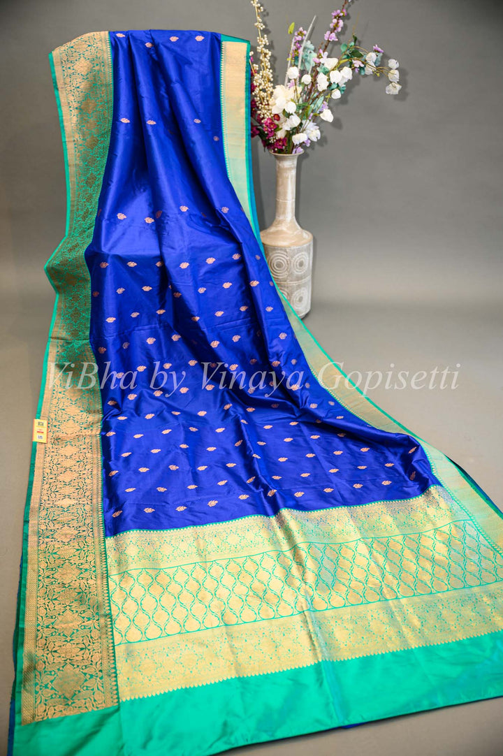 Royal Blue and Carribean Green Benares Katan Silk Saree And Blouse