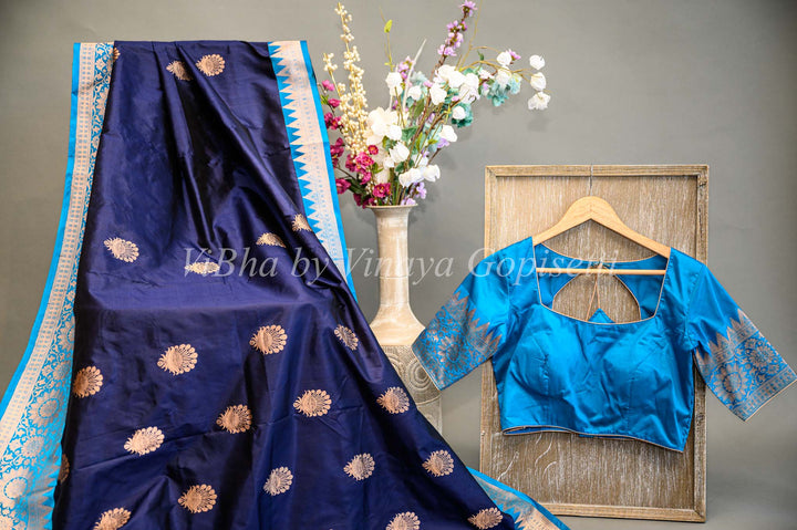 Dark Navy Blue And Sky Blue Banarasi Katan Silk Saree And Blouse