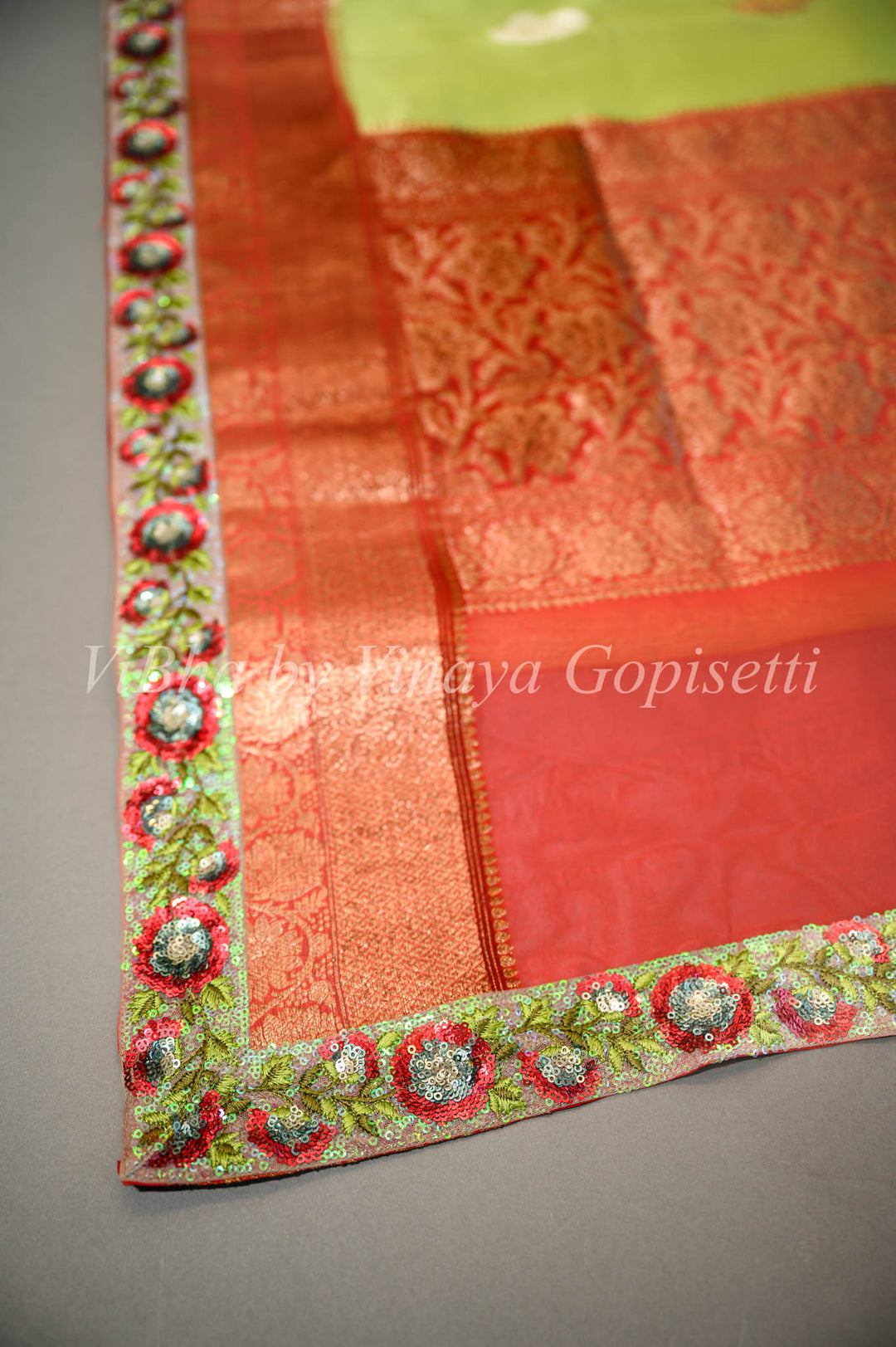 Parrot Green and Red Benares Organza Saree Embellished With Embroidered Borders