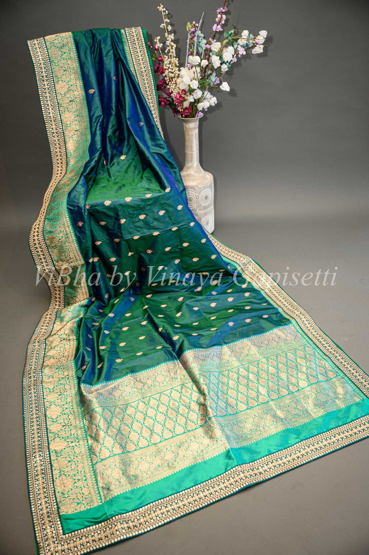 Dark And light Sea Green Banarasi Silk Saree And Blouse With Embroidered Borders