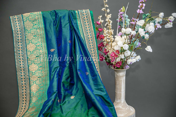 Dark And light Sea Green Benares Silk Saree And Blouse With Embroidered Borders