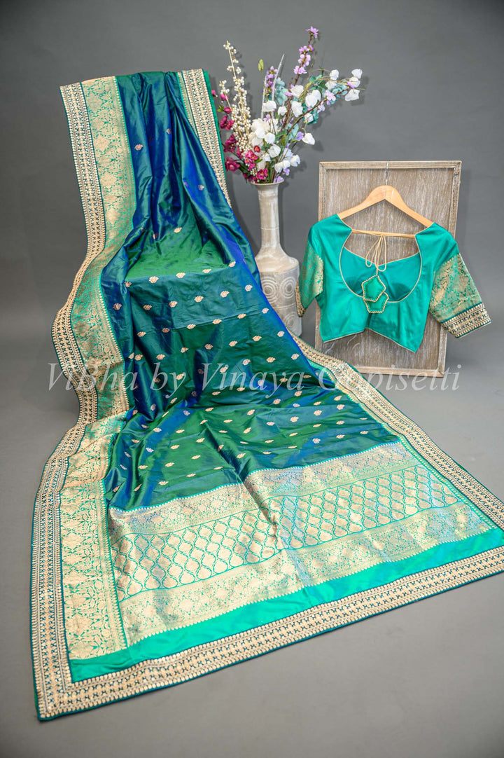 Dark And light Sea Green Banarasi Silk Saree And Blouse With Embroidered Borders