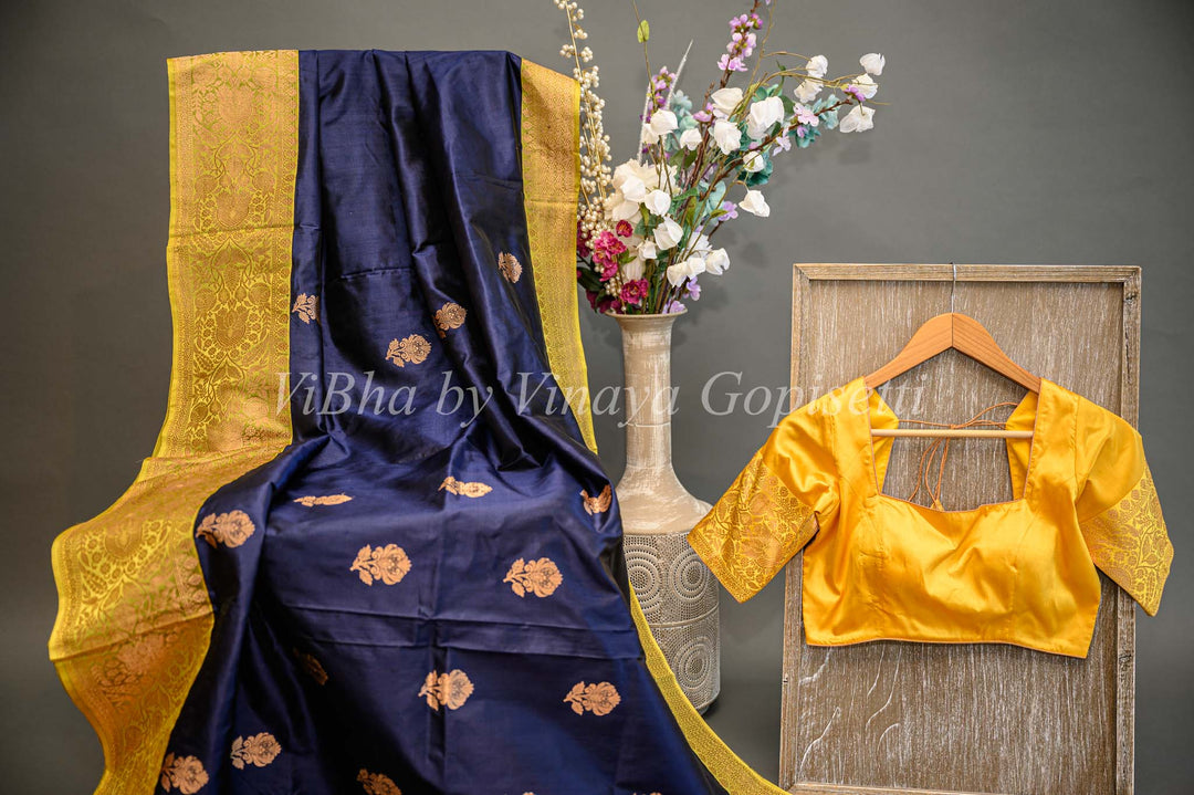 Dark Ink Blue And Mustard Yellow Banarasi Katan Silk Saree And Blouse