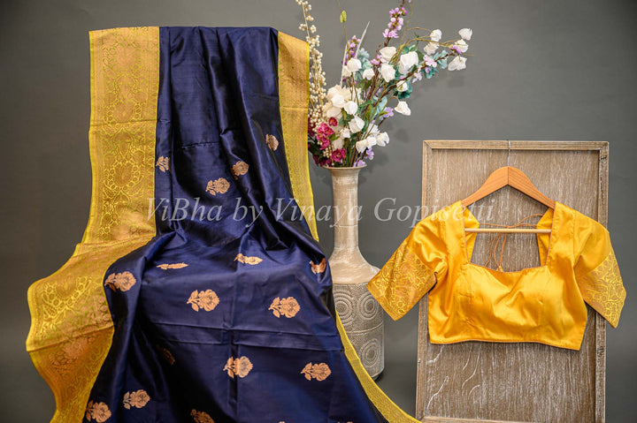 Dark Navy Blue And Mustard Yellow Banarasi Katan Silk Saree And Blouse