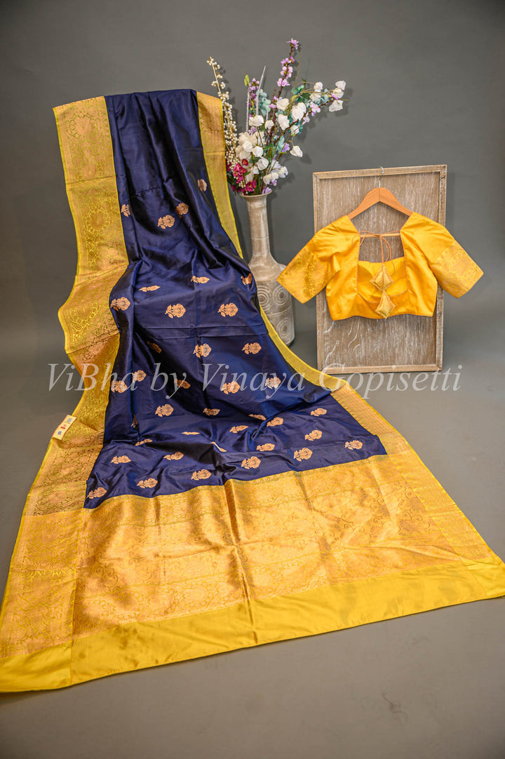 Dark Ink Blue And Mustard Yellow Banarasi Katan Silk Saree And Blouse