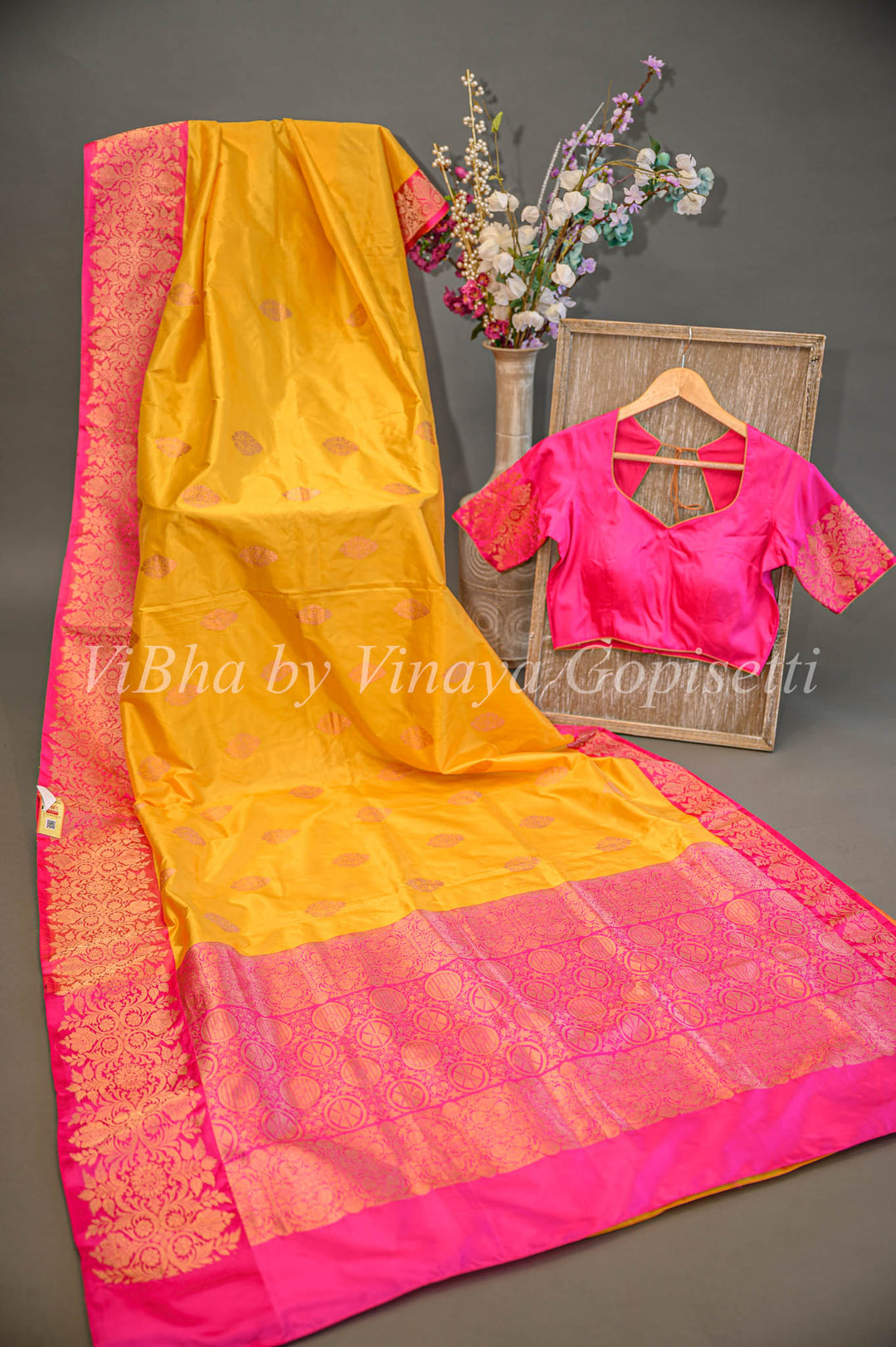 Yellow and Rani Pink Benares Katan Silk Saree