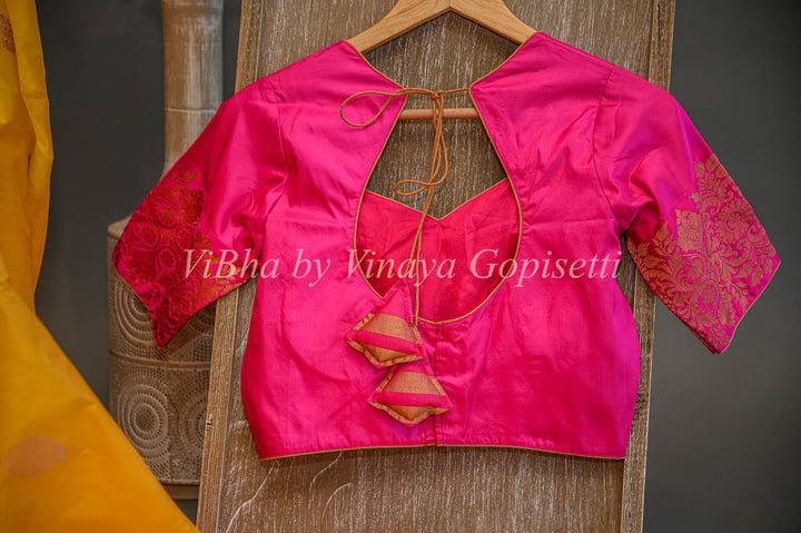 Yellow and Rani Pink Benares Katan Silk Saree And Blouse