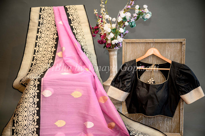 Pink And Black Banarasi Organza Saree And Blouse