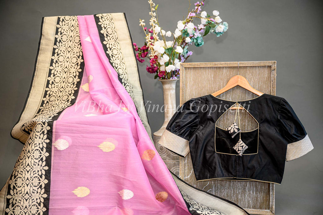 Baby Pink And Black Benares Organza Saree And Blouse