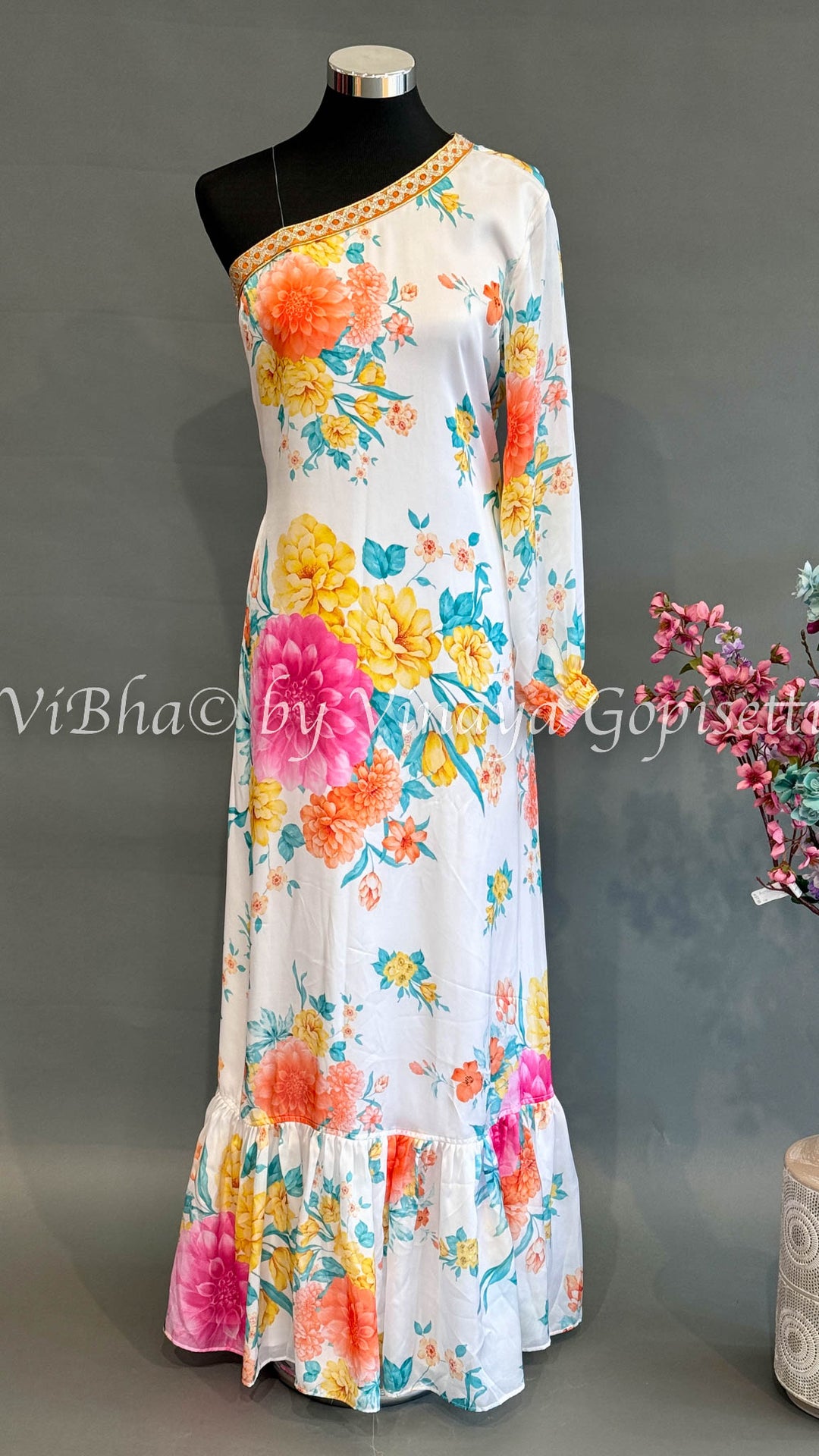 White Floral One Shoulder Gown With Embroidered Neckline