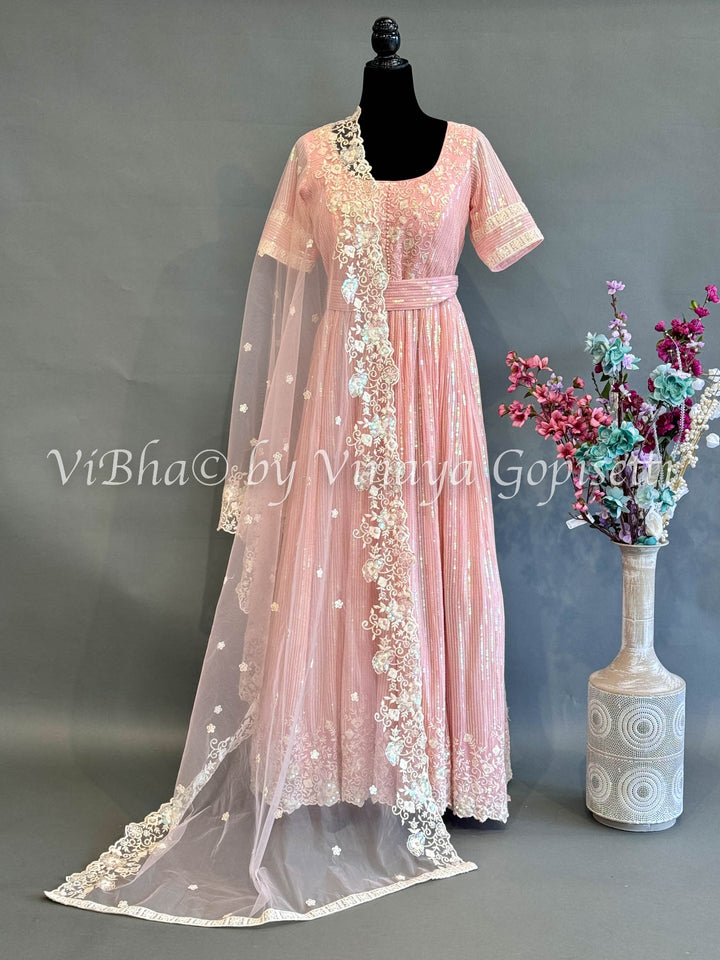 Pastel Pink Georgette Embroidered Floor Length Gown And Net Dupatta