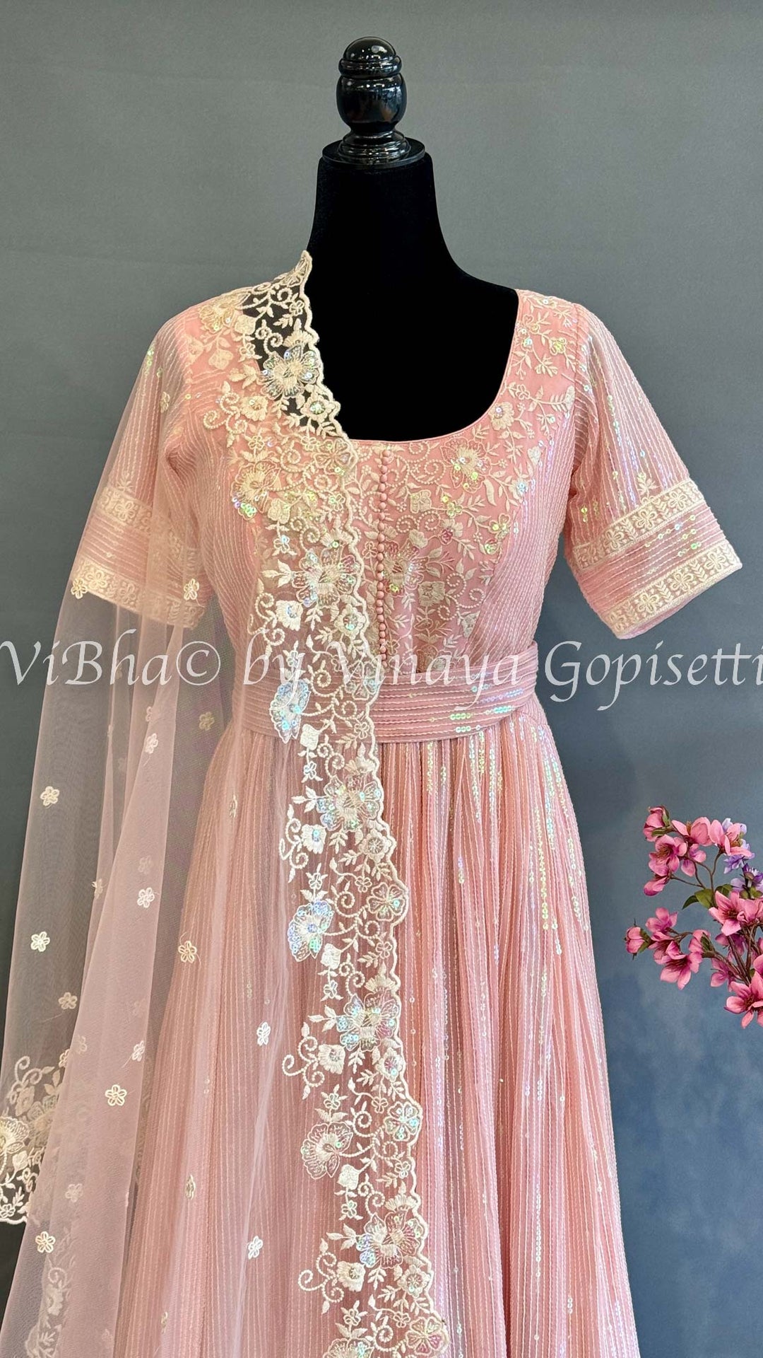 Pastel Pink Georgette Embroidered Floor Length Gown And Net Dupatta
