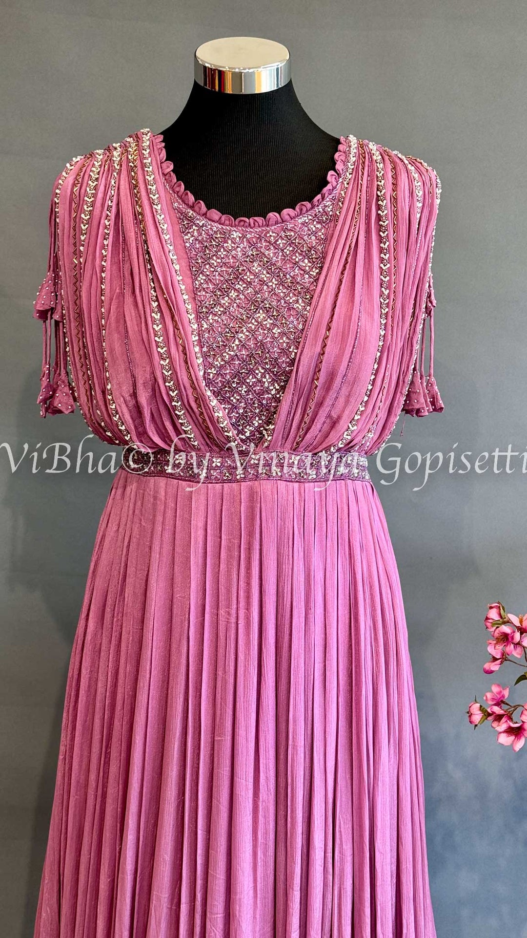 Dark Pink Crushed Floor Length Gown With Embroidered Yoke