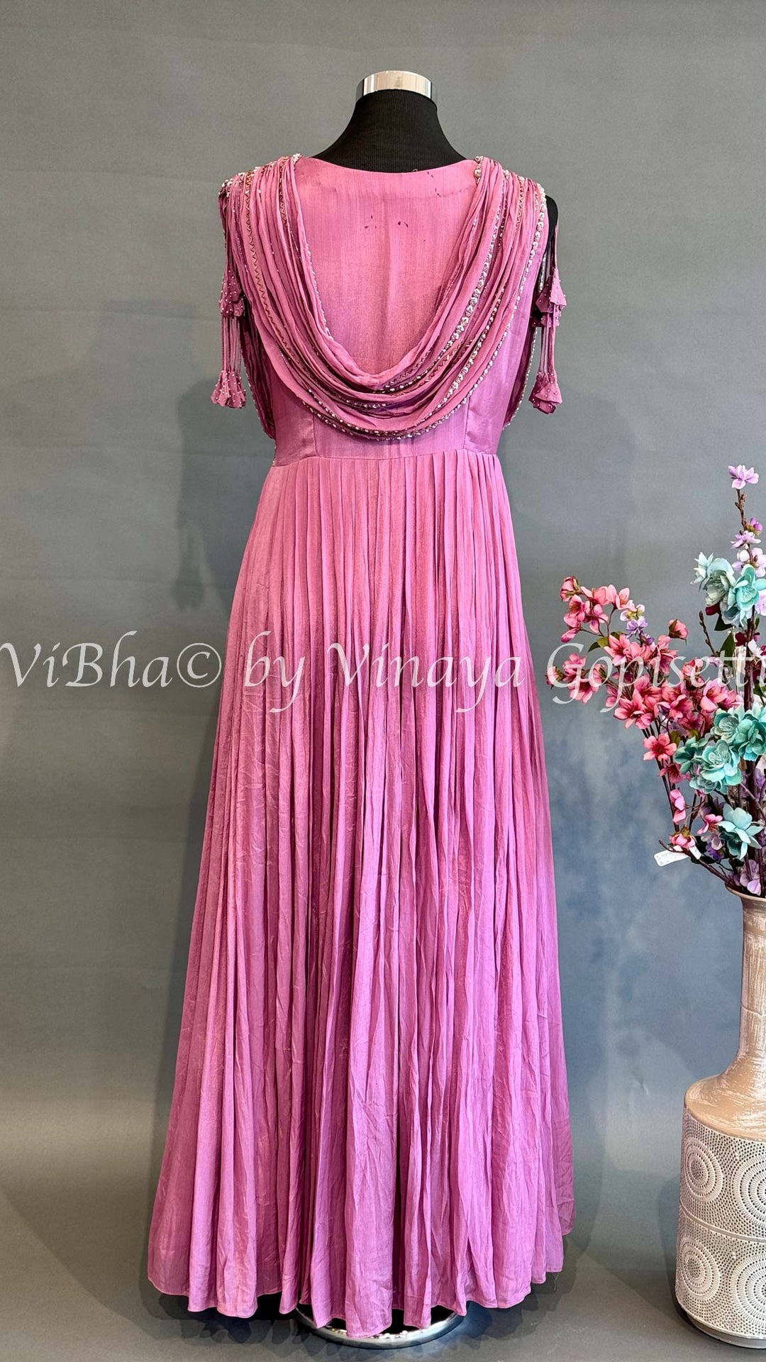 Dark Pink Crushed Floor Length Gown With Embroidered Yoke