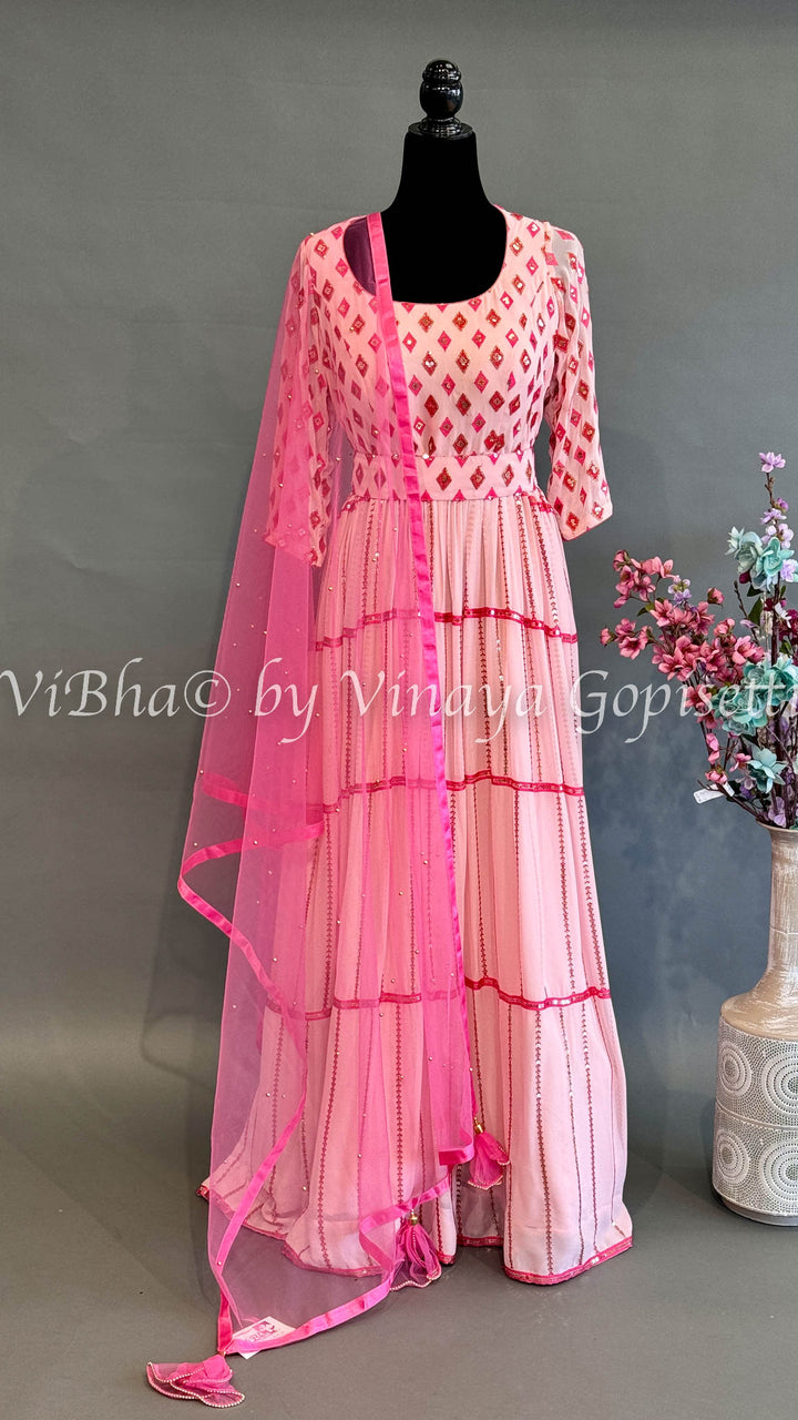 Pink Faux Mirror Embroidered Floor Length Anarkali Gown
