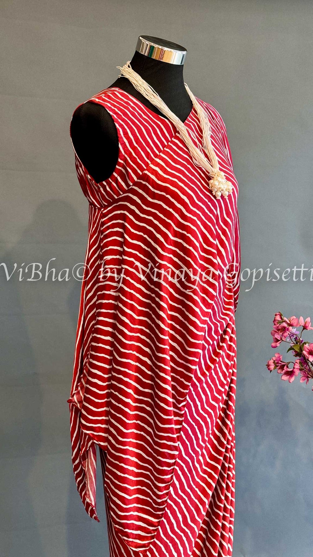 Red Striped Silk Cowl Pleated Assymetrical Gown