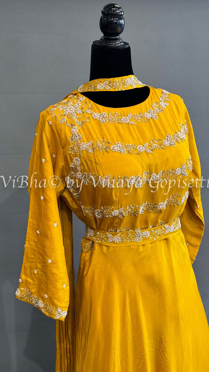 Mustard Yellow Silk Gown With Embroidered Body And Choker Dupatta