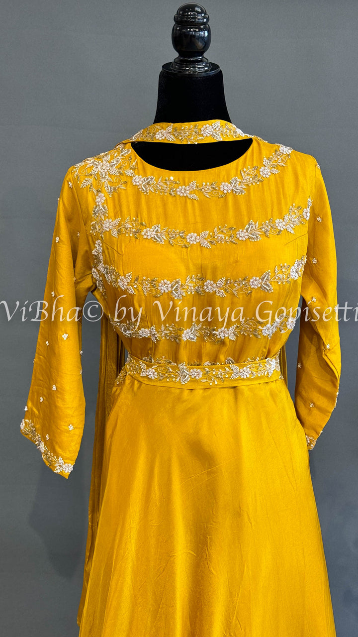 Mustard Yellow Silk Gown With Embroidered Body And Choker Dupatta