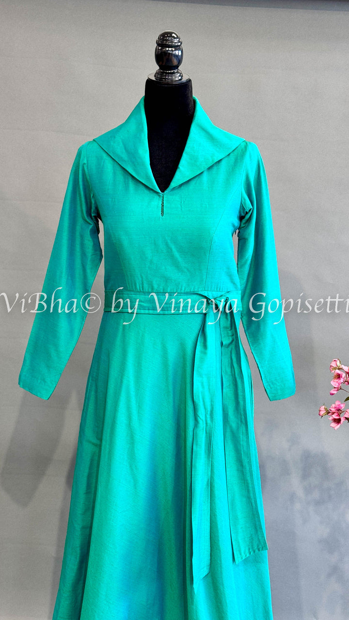 Green Raw Silk Collared Gown
