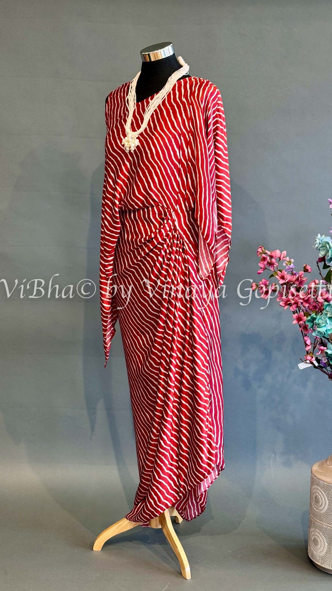 Red Striped Silk Cowl Pleated Assymetrical Gown