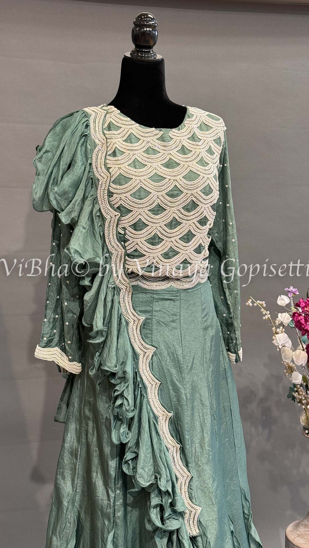 Green Pearl Embroidered Lehenga Set With Ruffled Dupatta