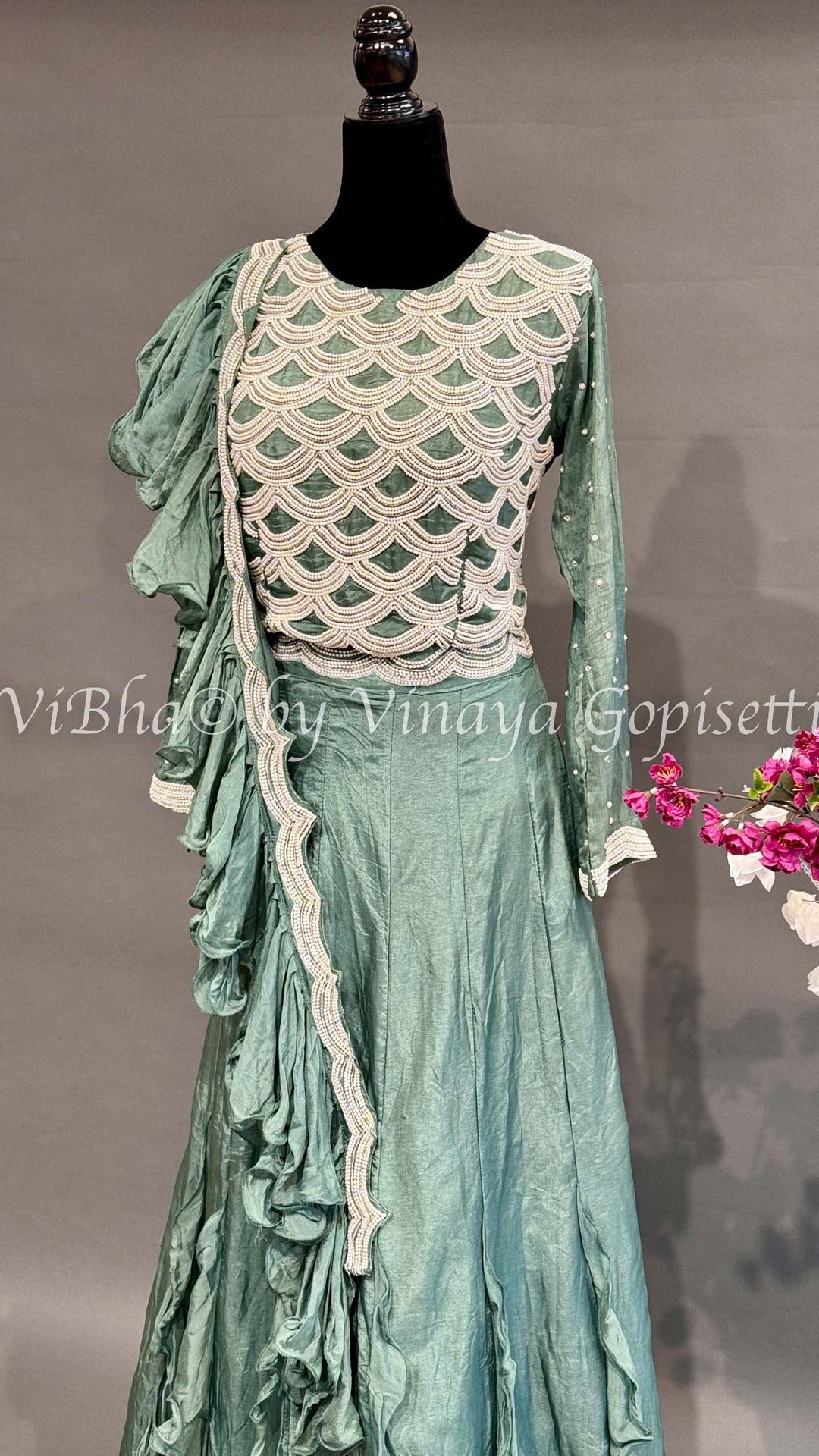 Green Pearl Embroidered Lehenga Set With Ruffled Dupatta