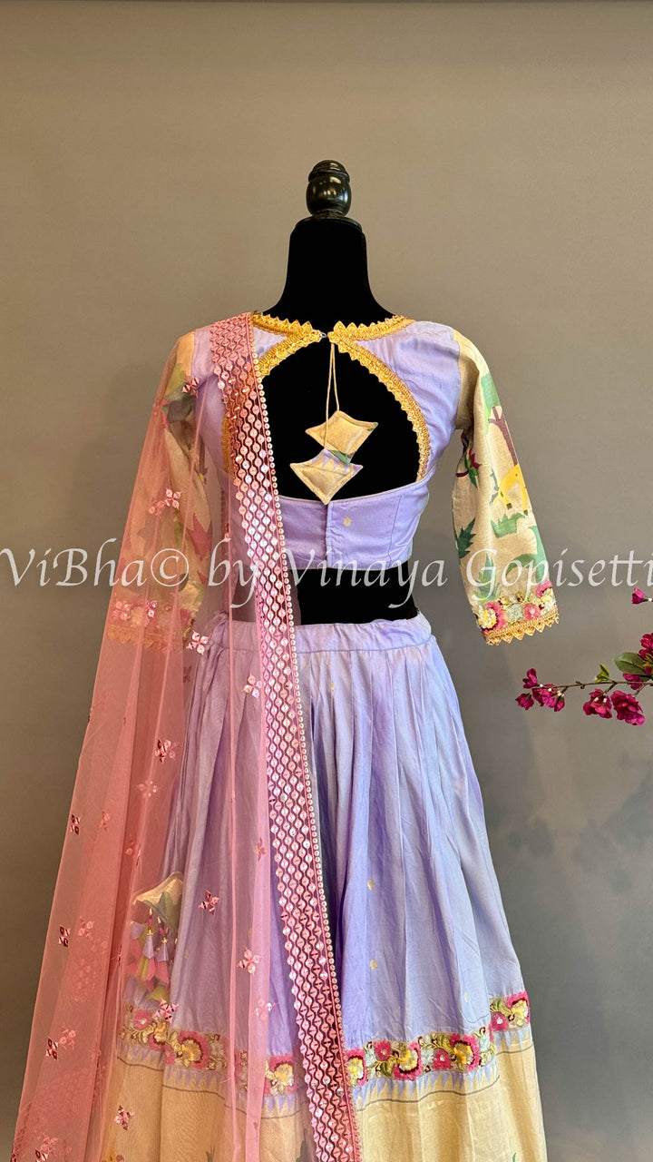 Lilac and Gold Paithani Silk Lehenga With Embroidered Borders And Burgundy Paithani Silk Dupatta